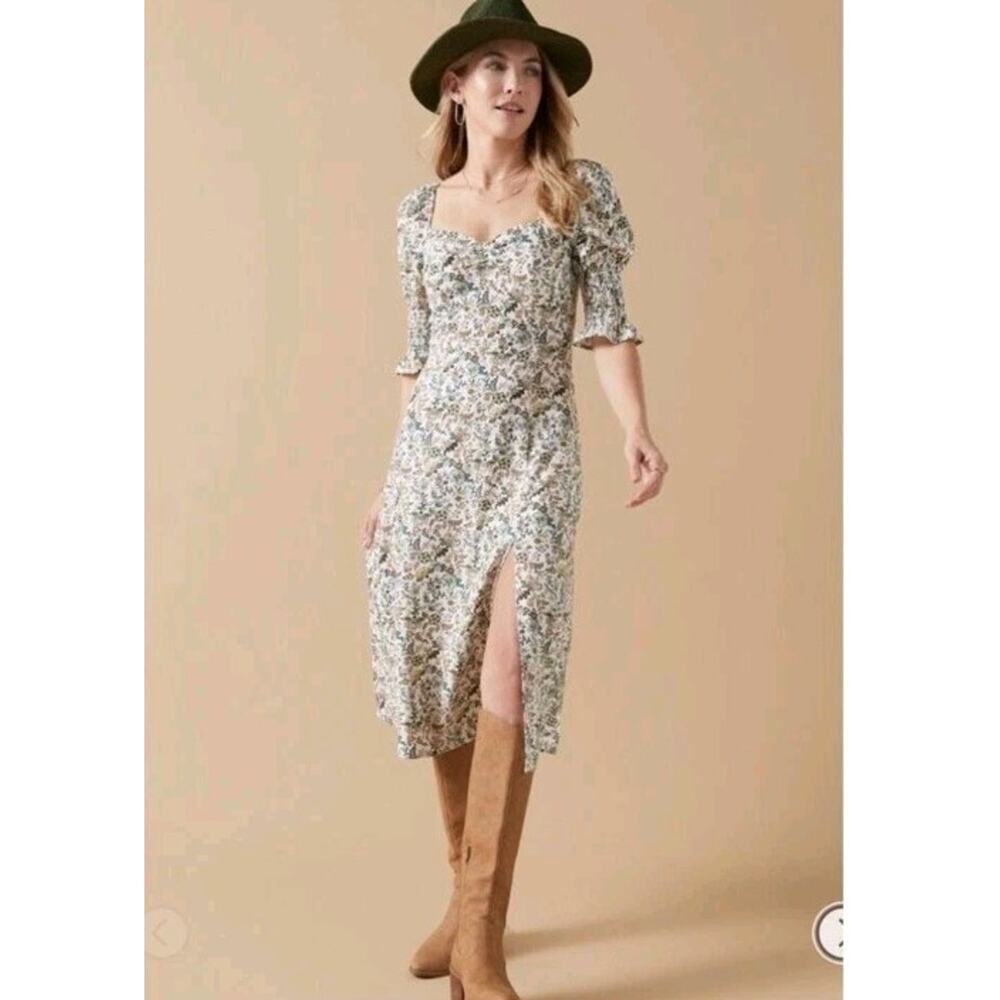 Audrey Parks Francesca's Floral Midi Dress Size S Puff Sleeves Linen Rayon Green